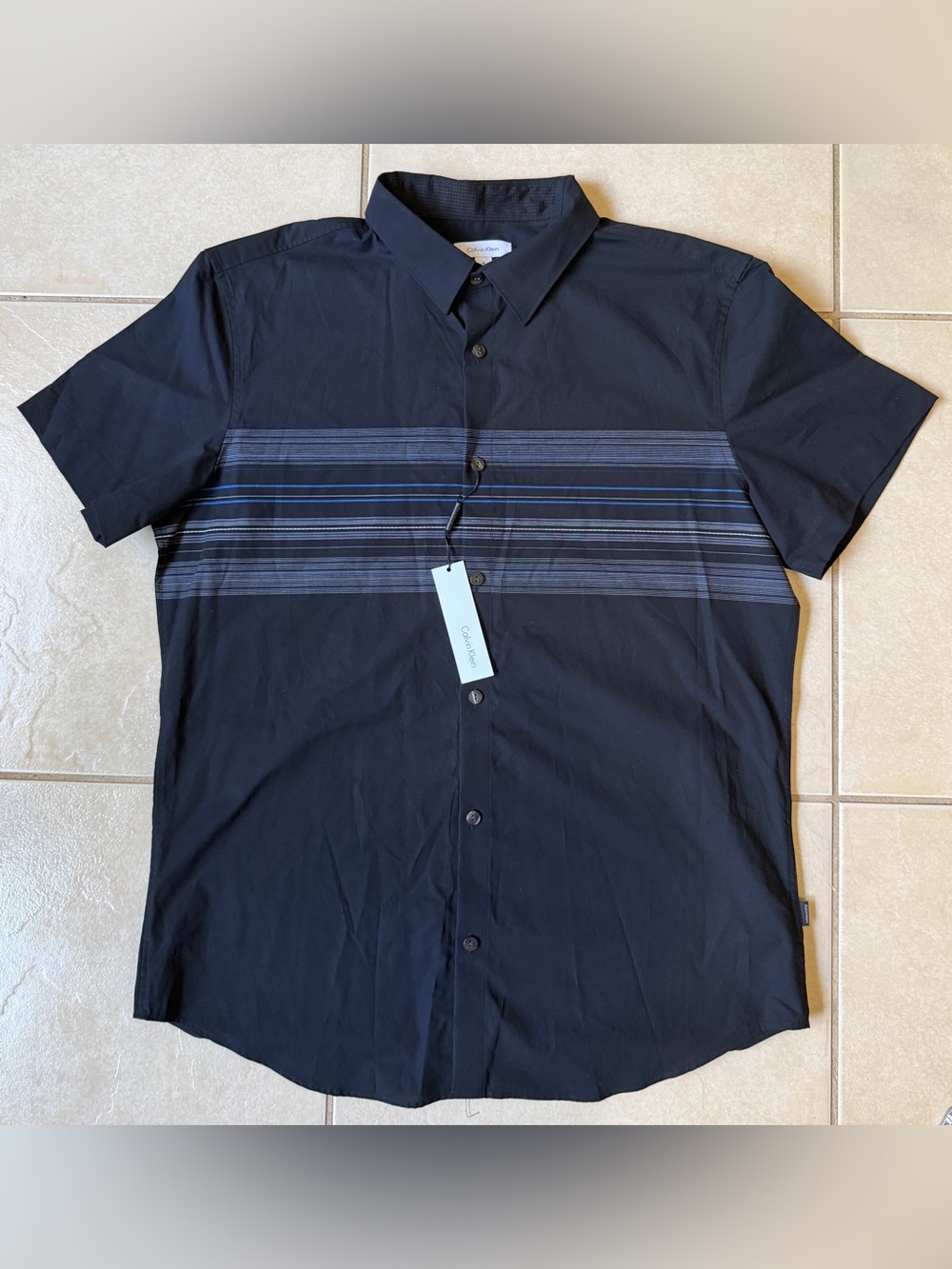 Calvin Klein Men's Shirt M Short Sleeve Button Down Casual Black Multi Stripe
